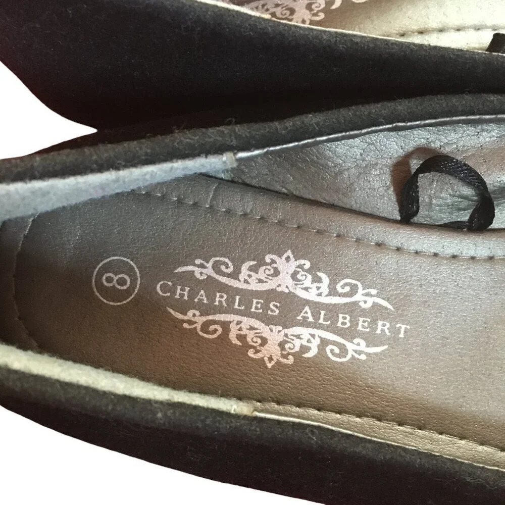 Charles Albert Flats, Size 8, Black Faux Suede, Studded Bows, Like New - Picture 2 of 6